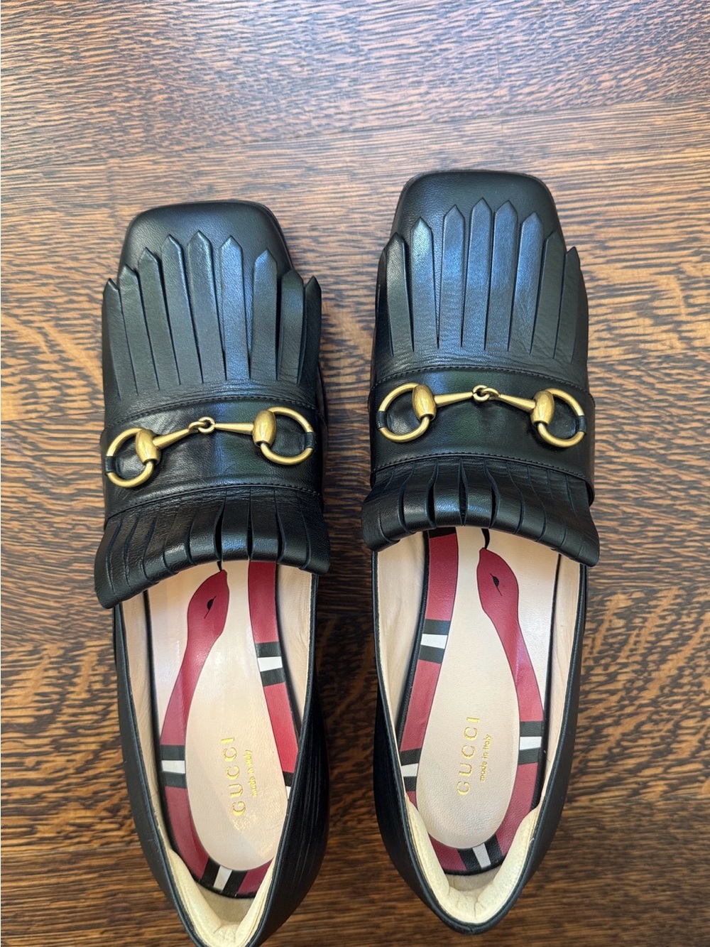 Gucci Black Leather Fringe Loafers with Gold Horsebit